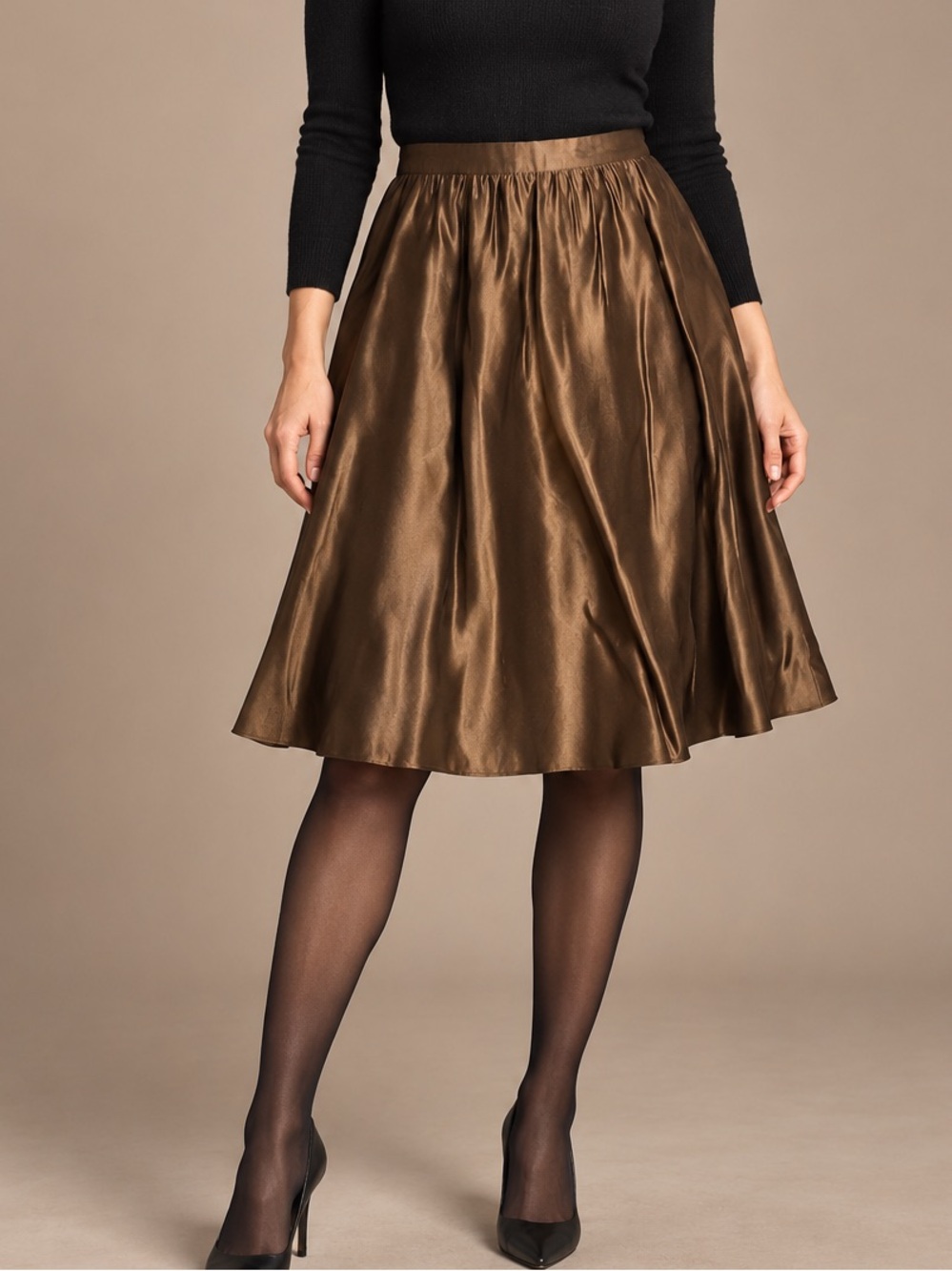 Bronze Silk Linen A-Line Midi Skirt Quiet Luxury Minimalist WD.NY